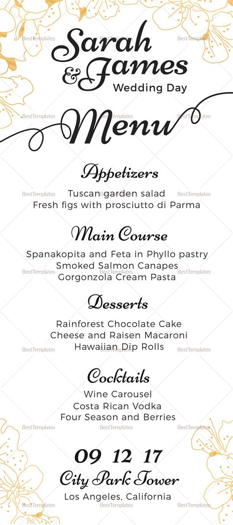 wedding reception dinner menu templates.